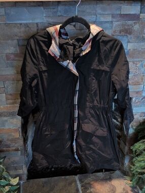 Women's Black Hooded Trench Coat with Plaid Trim